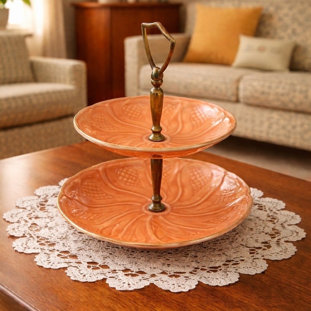 1950's Calfor USA T-31 Coral Pottery 2 Tier‎ Dessert Tray